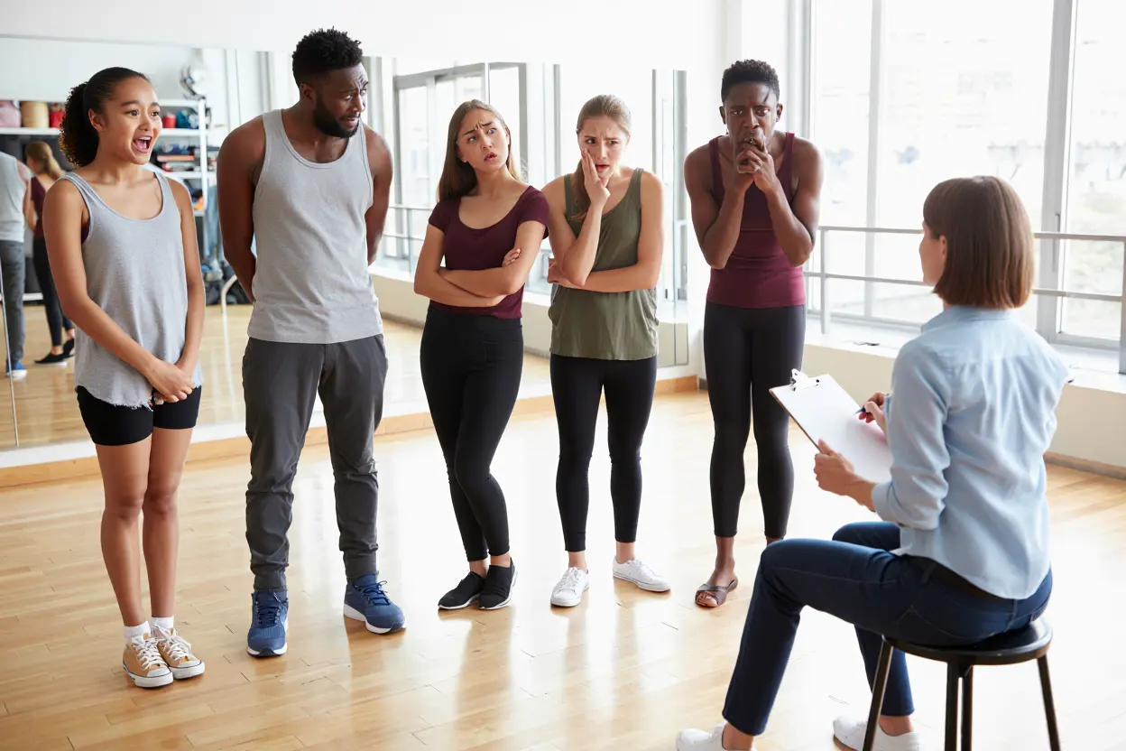 Groupe d'acteurs explorant les émotions lors d'un atelier de théâtre