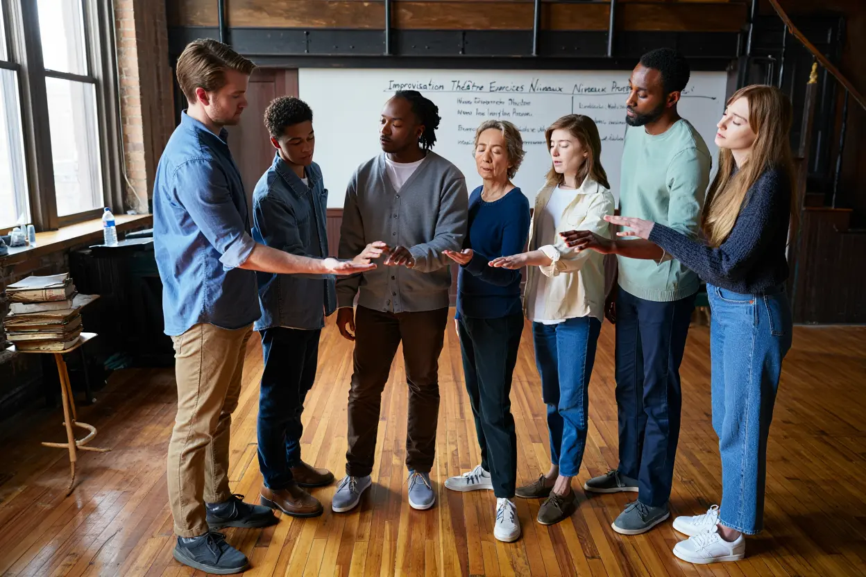 Groupe d'acteurs en cercle participant à un exercice d'improvisation