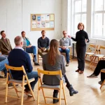 Adultes en cours de théâtre pratiquant l'improvisation