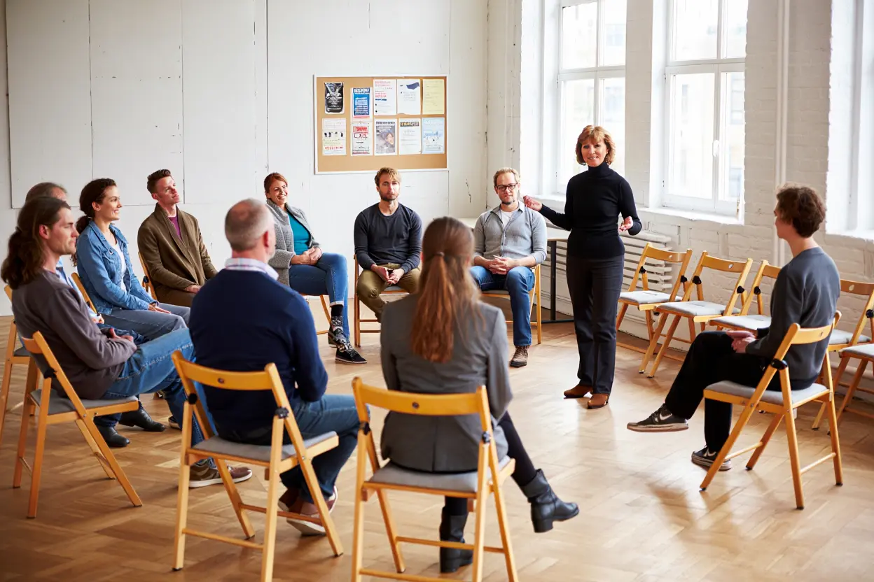 Adultes en cours de théâtre pratiquant l'improvisation