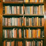 Books with assorted titles neatly arranged on a brown wooden shelf