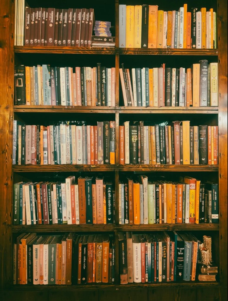 Books with assorted titles neatly arranged on a brown wooden shelf