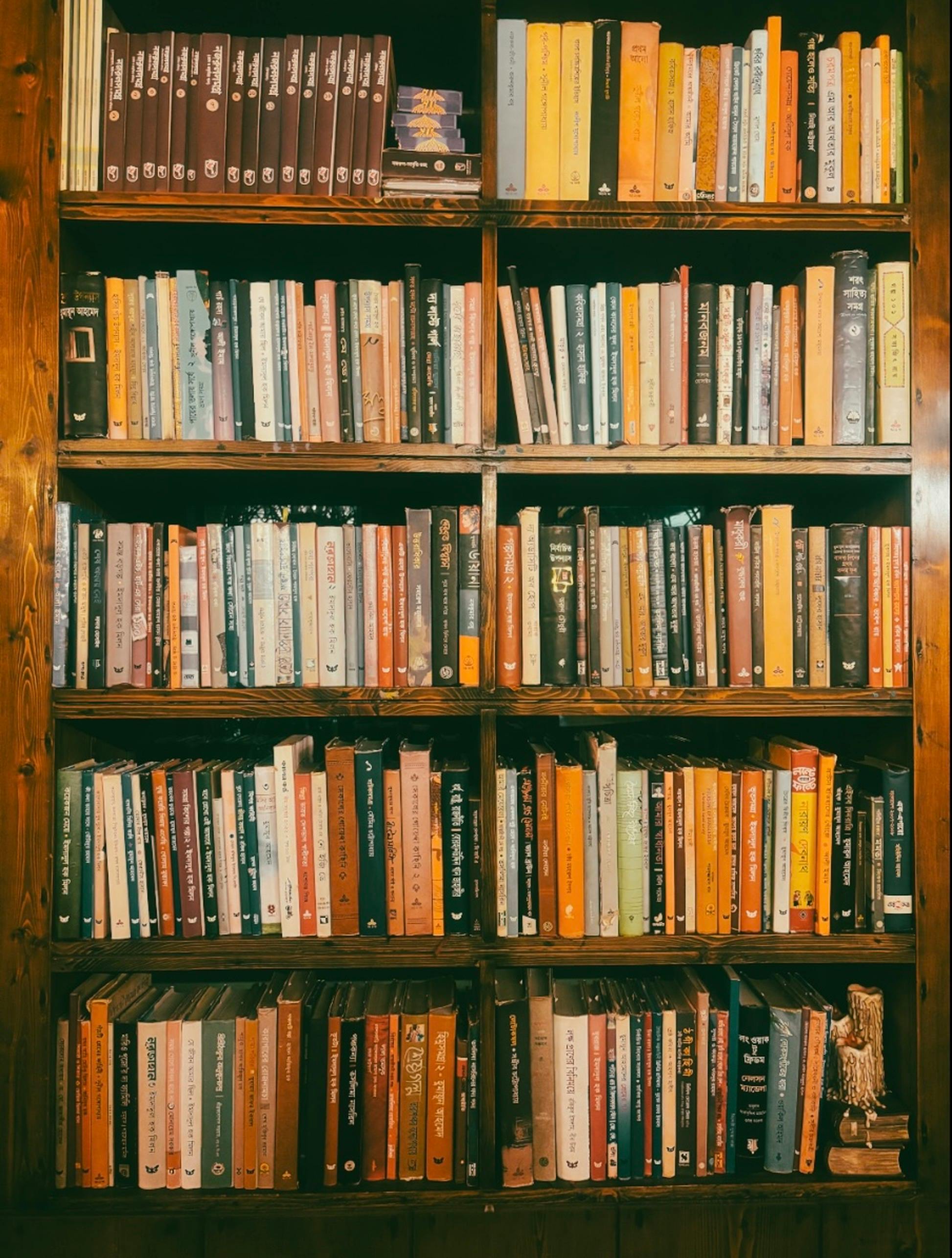 Photo of assorted book titles displayed on a brown wooden shelf, suggesting study and memorization.