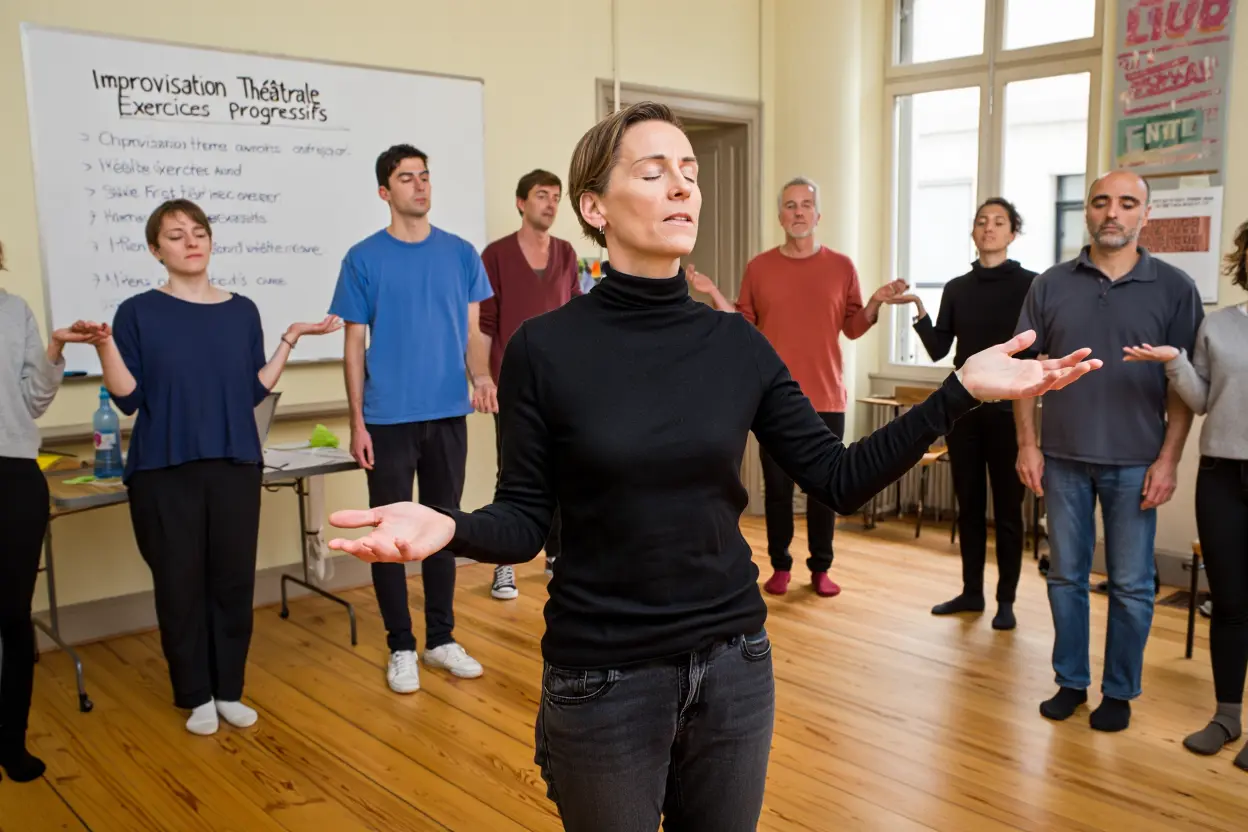 Acteurs improvisent sur scène pendant un atelier théâtre