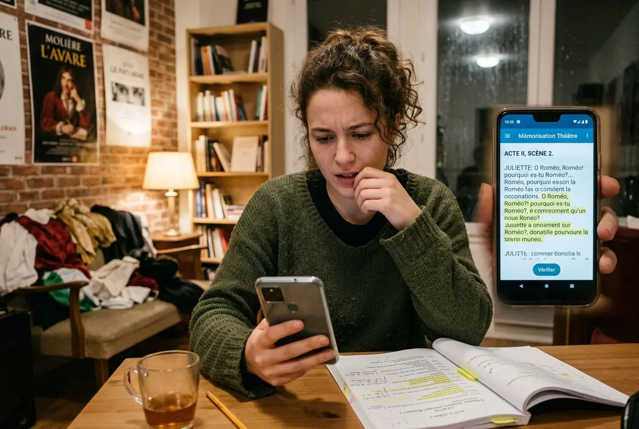 Acteur utilisant une application théâtre sur son téléphone pour apprendre ses répliques