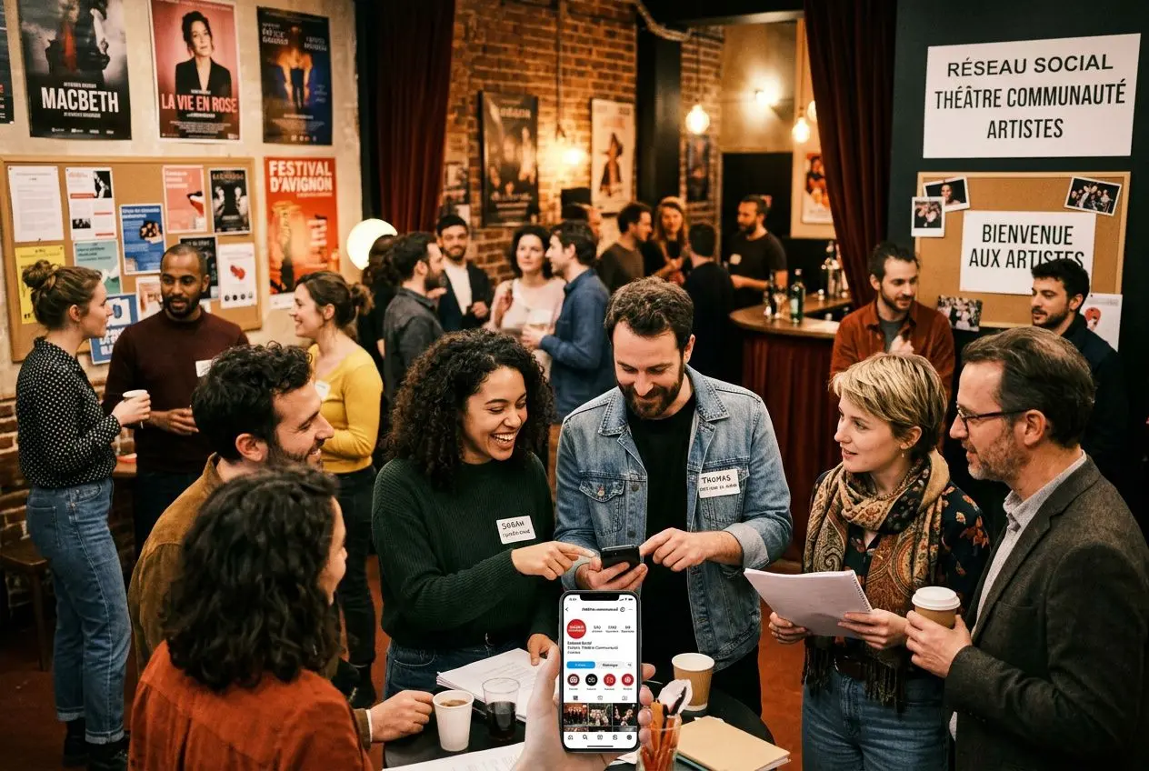 Artistes collaborant sur plateforme réseau social théâtre