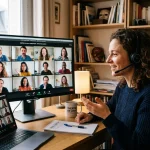 Carte webcam montrant une femme avec casque mic en visioconférence sur grand écran, regroupement d’acteurs en ligne. Communauté acteurs théâtre en ligne.