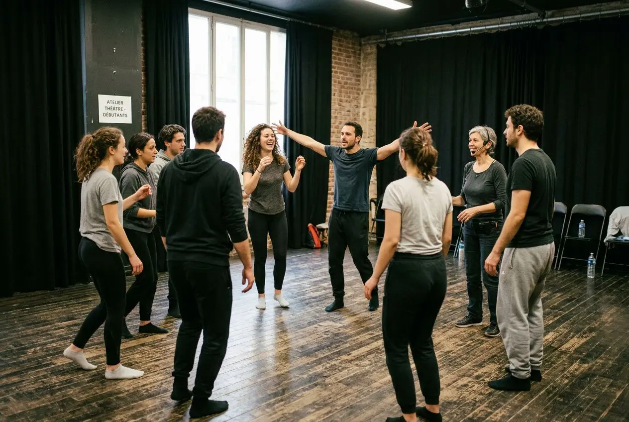 Groupe de comédiens en répétition, debout en demi‑croupe, échangeant des gestes sur scène dans un atelier de théâtre. Comment faire du théâtre.
