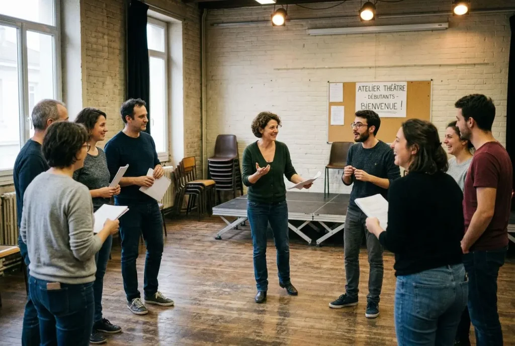 Groupe de théâtre en répétition dans une salle lumineuse, un professeur parle au centre devant des élèves avec des feuilles en main. comment faire du théâtre est exploré dans ce cadre accueillant.