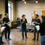 Groupe de théâtre en répétition dans une salle lumineuse, un professeur parle au centre devant des élèves avec des feuilles en main. comment faire du théâtre est exploré dans ce cadre accueillant.