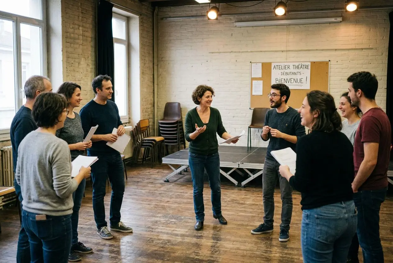 Groupe de théâtre en répétition dans une salle lumineuse, un professeur parle au centre devant des élèves avec des feuilles en main. comment faire du théâtre est exploré dans ce cadre accueillant.