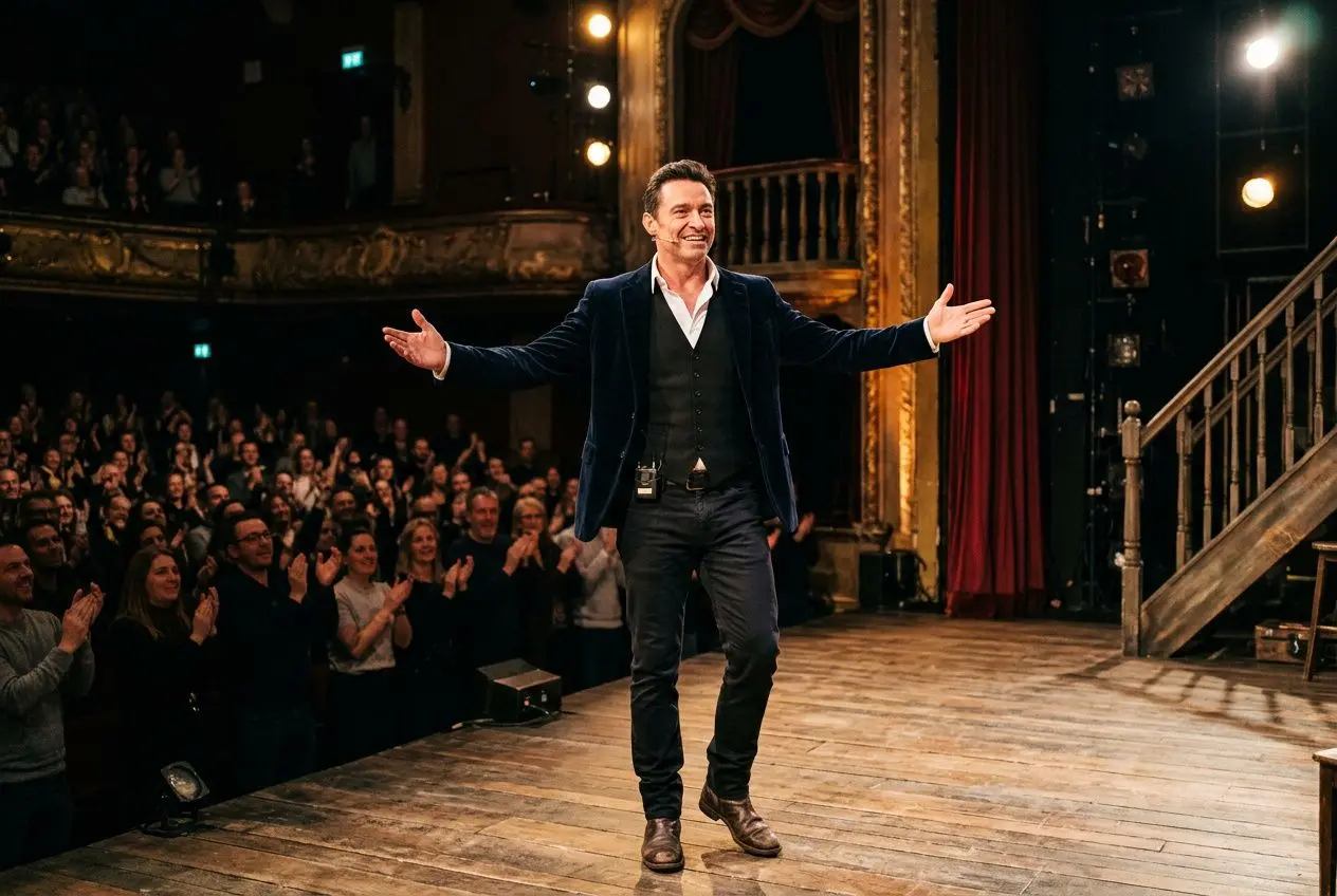 Homme sur scène, bras ouvert, saluant le public dans un théâtre éclairé, audience applaudissante qui l’encourage. Adapté au thème: comment faire du théâtre.