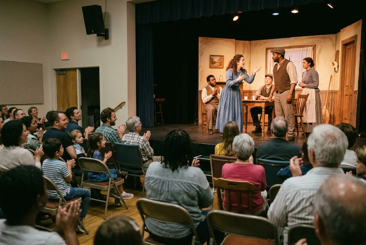 Spectacle d’un événement théâtre communautaire: une scène avec acteurs en costumes, public assis applaudissant dans une petite salle adaptée.