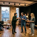 Trois acteurs en séance d’impro dans un atelier théâtre adulte paris, devant un public discret dans une salle au mur en pierre.
